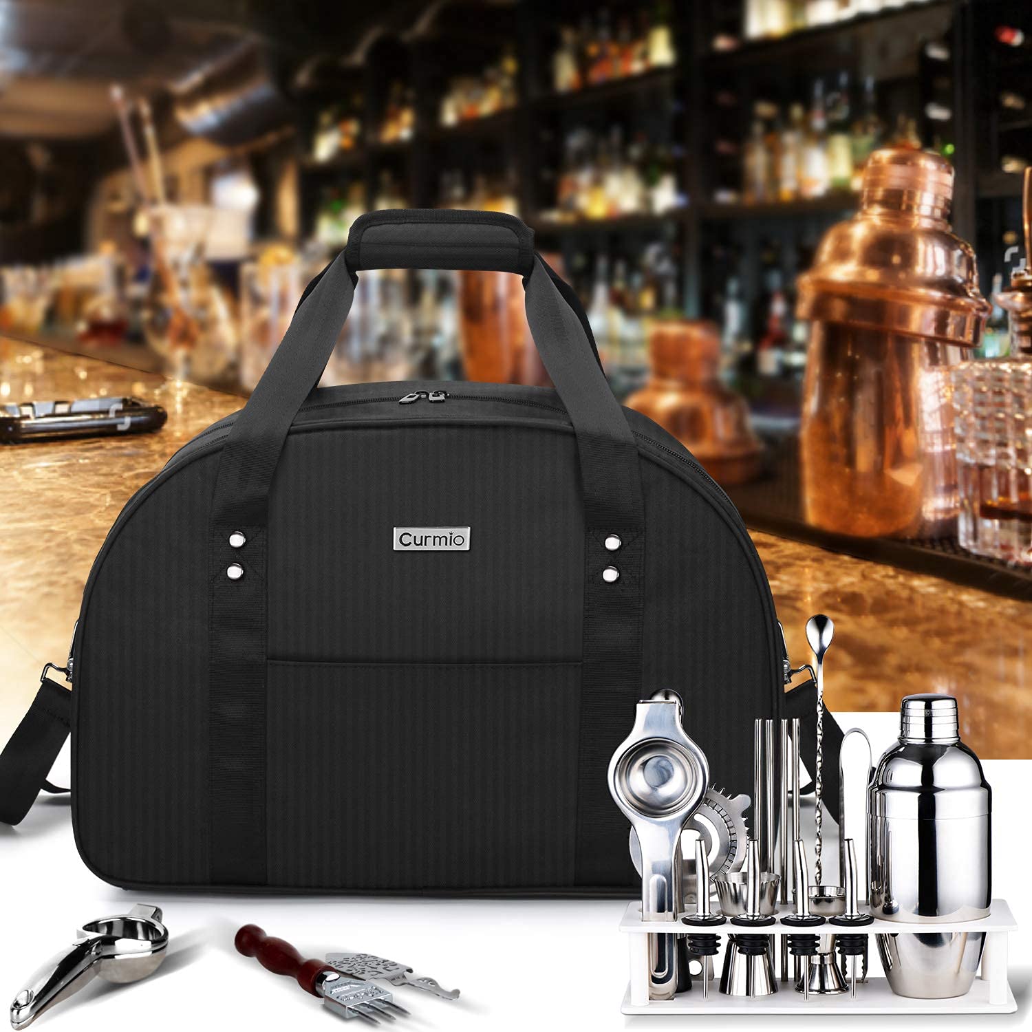 CURMIO Cocktail Sets Aufbewahrungstasche, Barkeeper Tasche, Tragbare Reisetasche für Cocktailmixer Set, Cocktail Shaker, Eiszange, Rührlöffel und Korkenzieher, (LEERE TASCHE), Schwarz