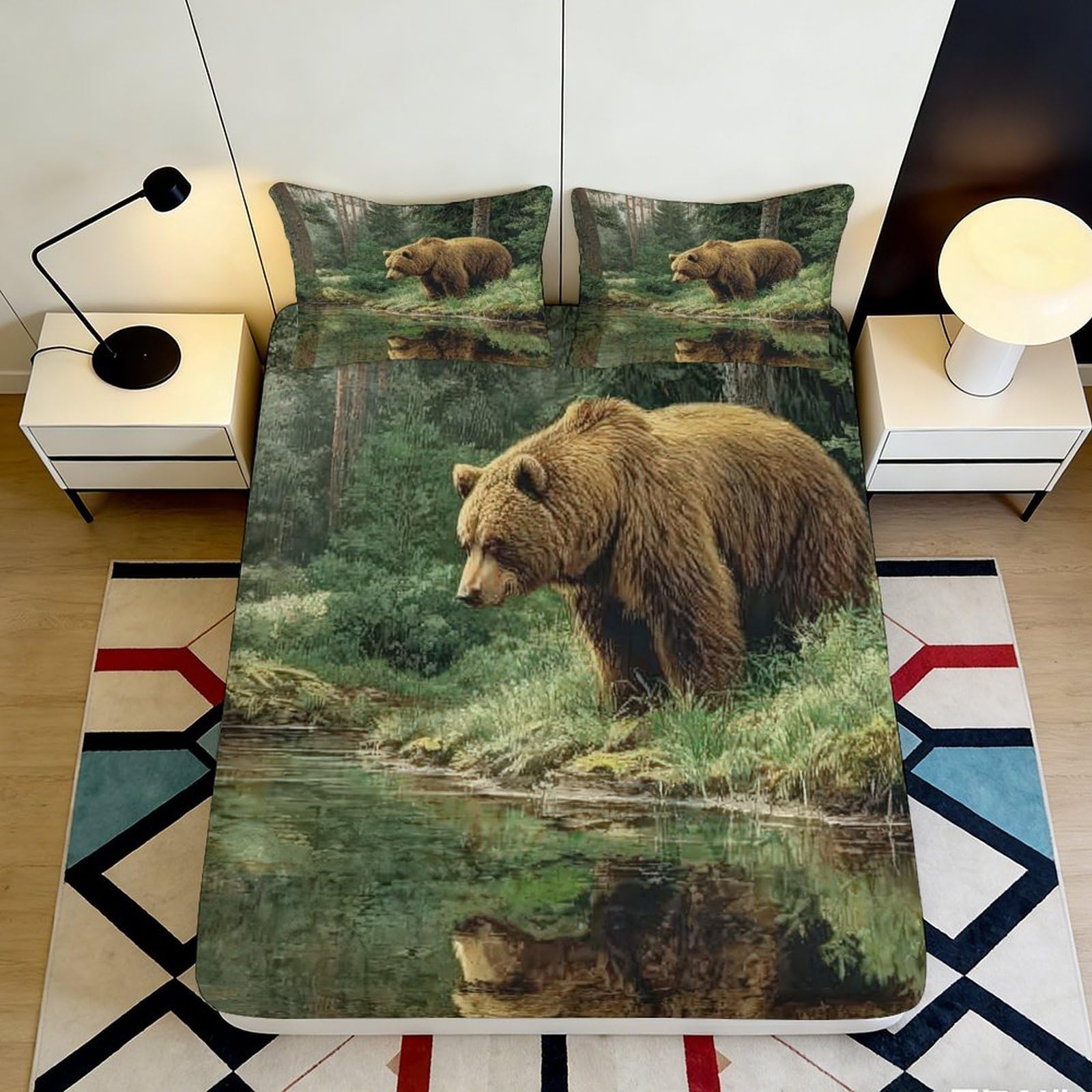 3D Printed Brown Bear Forest Fitted Sheet Microfiber Soft Bed Cover for Bedroom Dorm Home Decor 90x200x25cm
