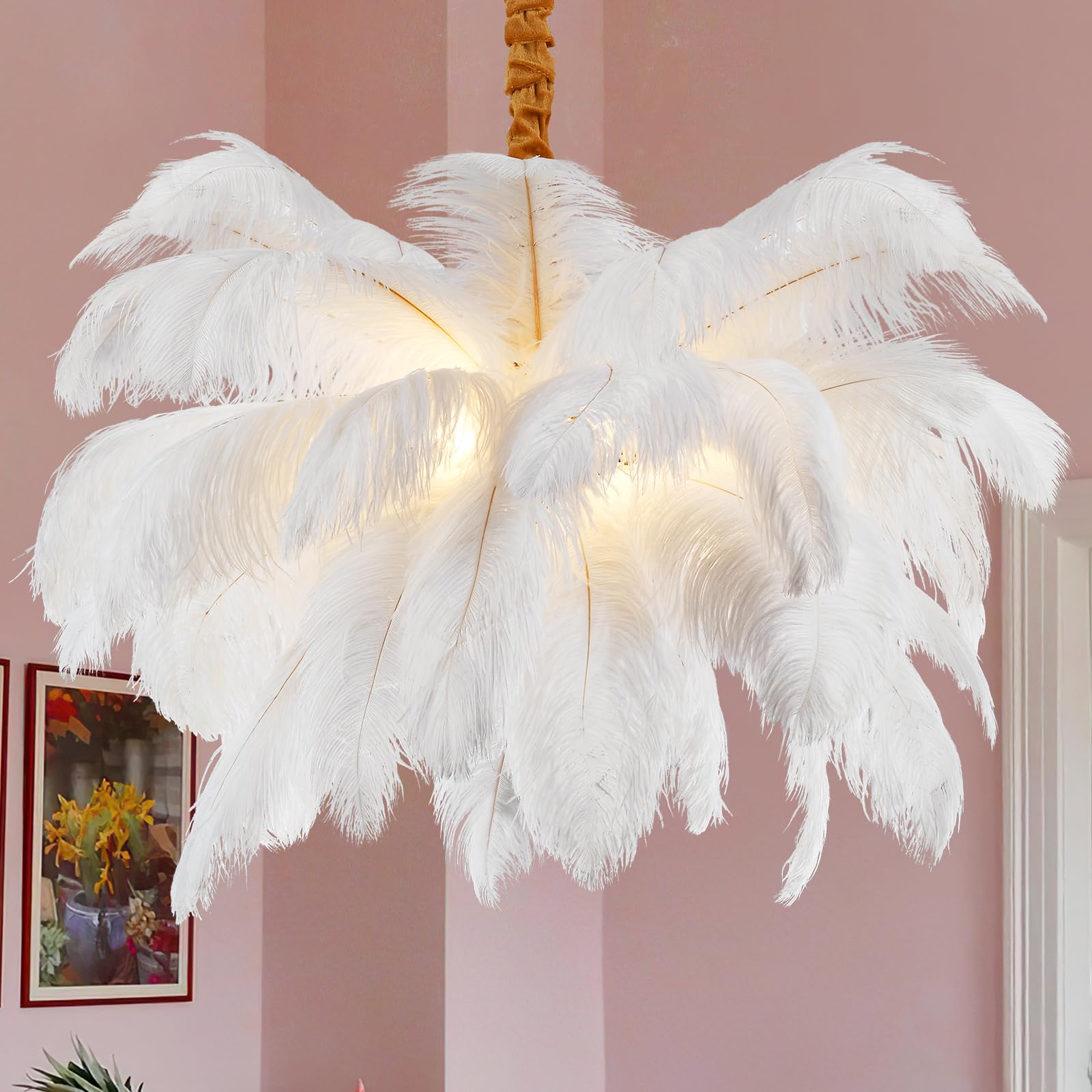 Photo 1 of Large White Feather Pendant Light, 32in Modern Ostrich Feather Chandelier, 6 Lights Ceiling Chandelier,Luxury Decorative Pendant Lamp for Bedroom Kitchen Restaurant Living Yumao