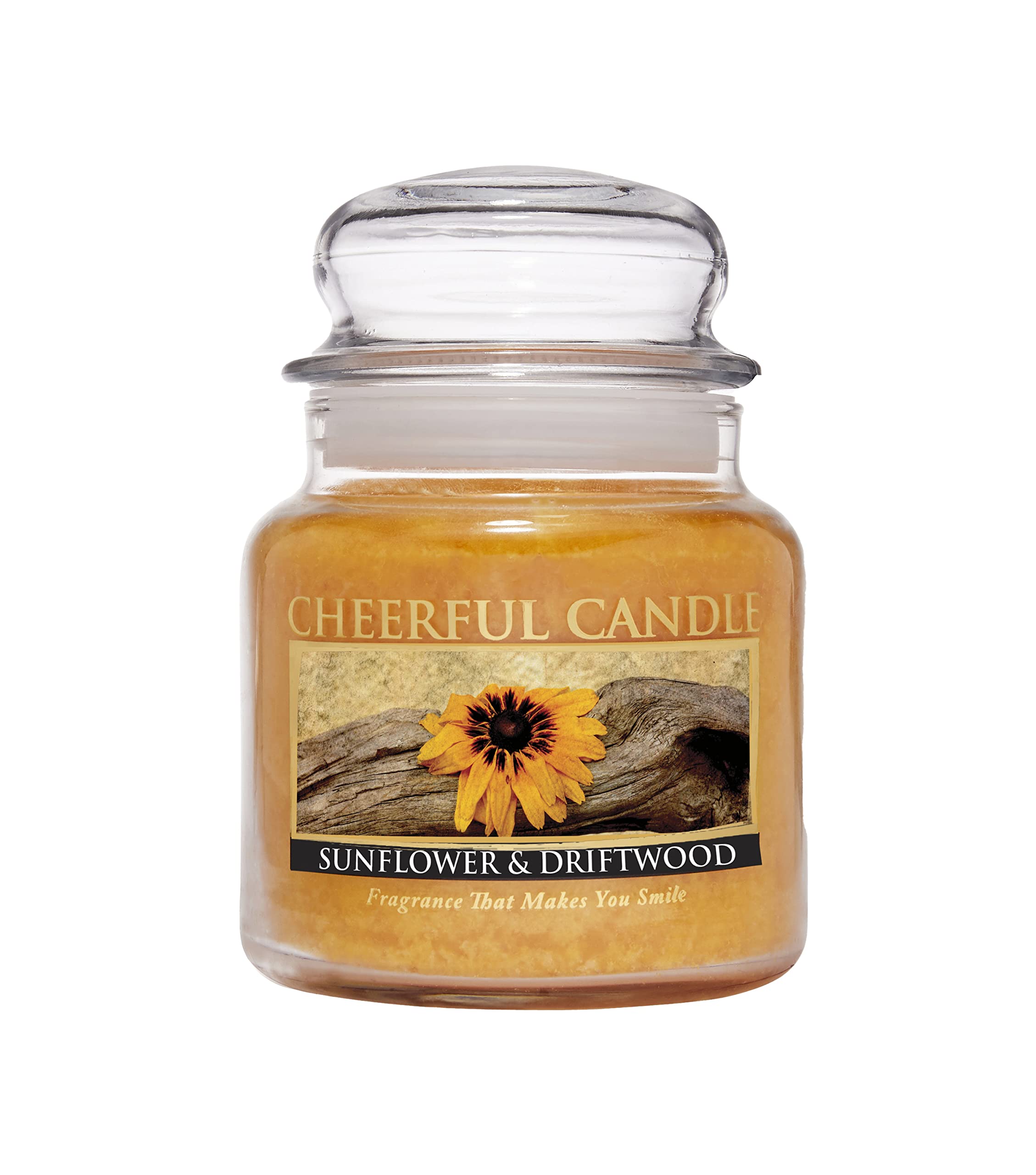 A Cheerful Giver - Sunflower & Driftwood - 16oz Medium Scented Candle Jar with Lid - Cheerful Candle - 80 Hours, Candles Gifts for Women, Yellow