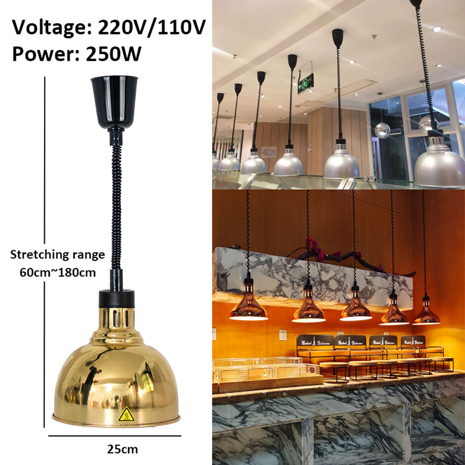 4 Pièces Lampe Chauffe-Plats, Rétractable Lampe Chauffante Buffet Fournitures de Restaurant Hôtel Cuisine Equipement Ajustable Lustre Suspendu, Réglable 60-180cm, Diamètre: 25cm