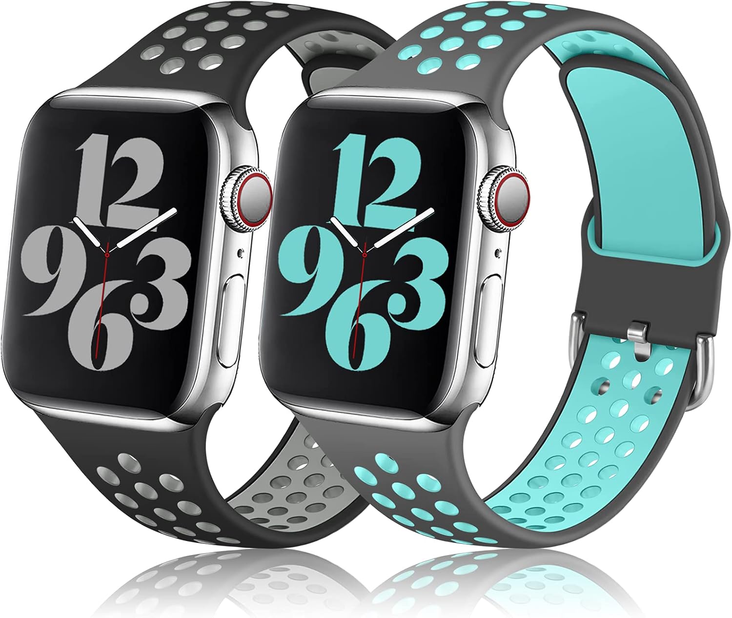 Henva Sport Bands Compatible with Apple Watch Band 45mm 44mm 42mm 41mm 40mm 38mm for Women Men, Breathable Silicon Strap with Air Holes for iWatch SE Series 7/6/5/4/3/2/1, Black/Gray, Gray/Teal, S/M
