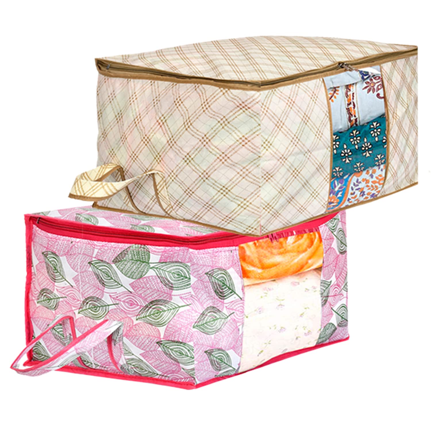 Amazon Brand - Solimo Metalic Non Woven 2 Pieces Underbed Storage Bag, Cloth Organiser, Blanket Cover with Transparent Window, Leafy, Checkered-Pink & Ivory (B08WZ3V2M4) Amazon Price History, Amazon Price Tracker