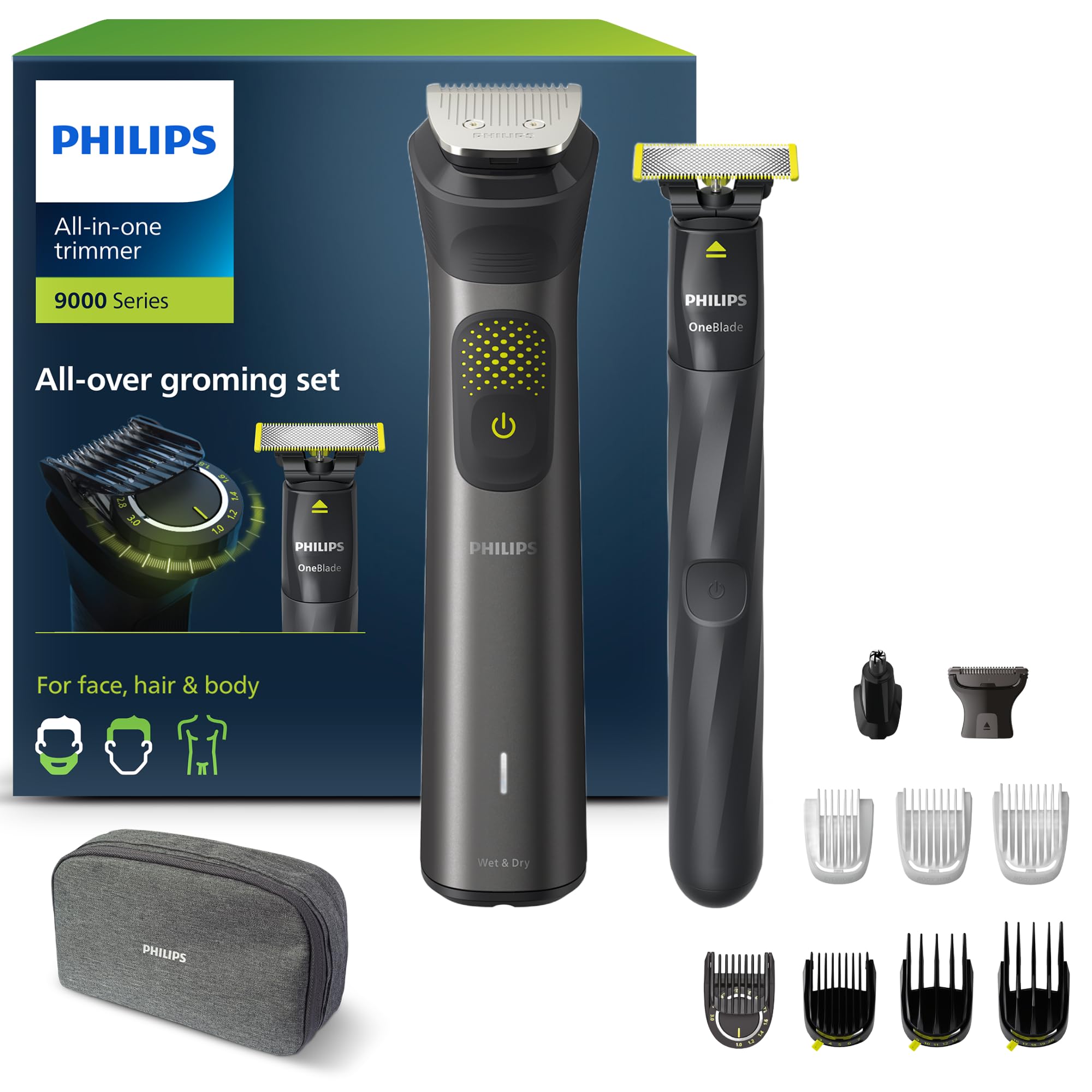 PhilipsSeries 9000 13-in-one Trimmer + OneBlade, All-Over Grooming Set, Precise Trim, Sharp Edges, Convenient Shave, 27 Length Settings (0.2-20 mm) (Model MG9530/15)