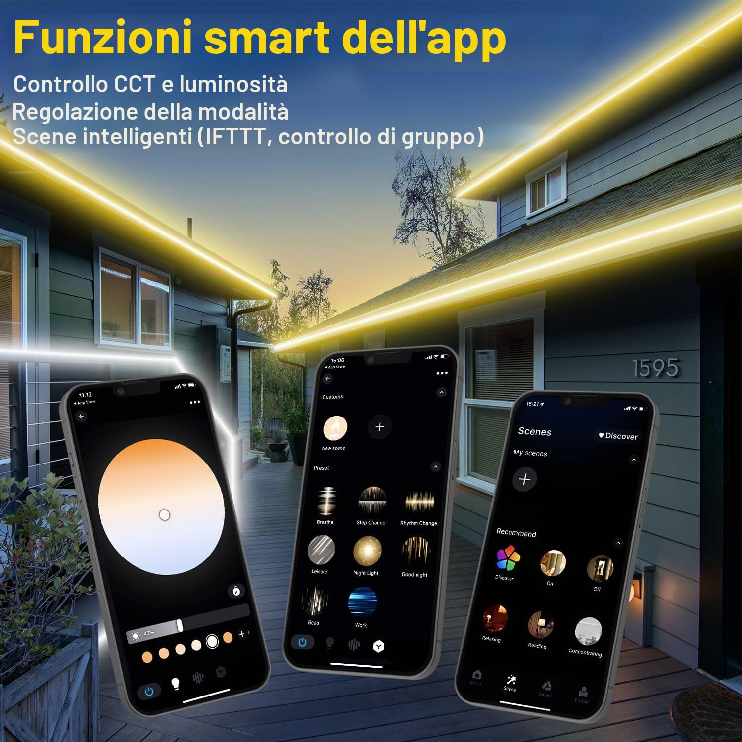 Striscia LED Esterno Bianco Freddo a Bianco Caldo Dimmerabile, Luci LED Compatibile con Alexa, Luce LED Senza Filo Smart, 24v Impermeabile Striscia Adesive per Cucina, Giardino (IP67) (15M)