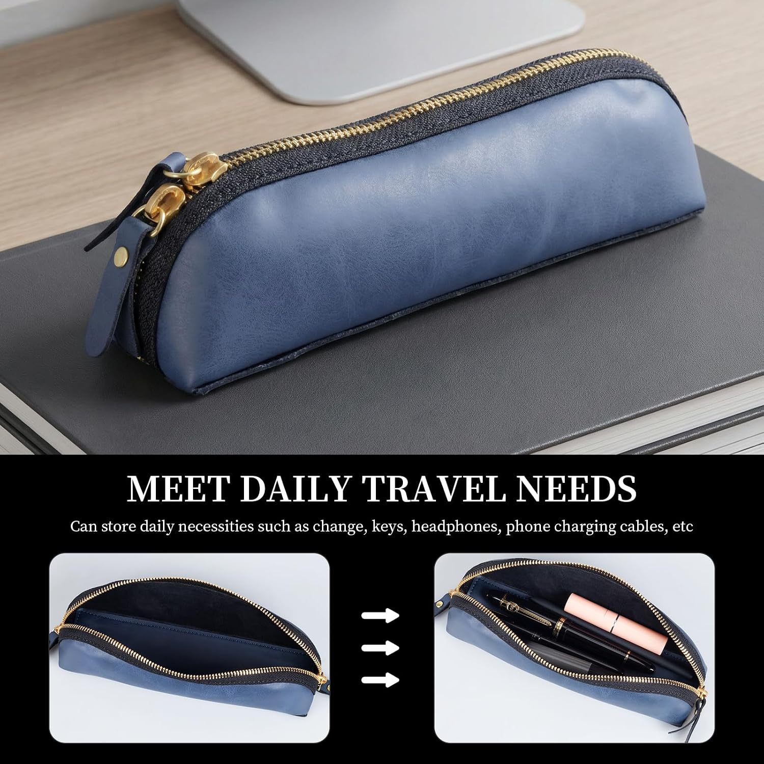 Pencil Case Cover Genuine Leather Pencil Pouch with Zipper Pen Sleeve Bag,Simple Sturdy Pencil Box for Men and Women.Blue