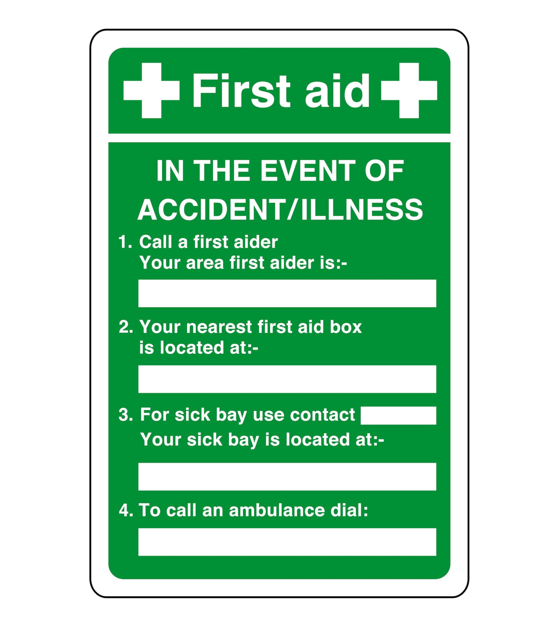 Safety First Display Ltd Green/White First Aid In The Event Of Accident/Illness - Safety Sign - High Tack Self-Adhesive Sticker (150Mm X 100Mm) Viewing Distance Within 3M.