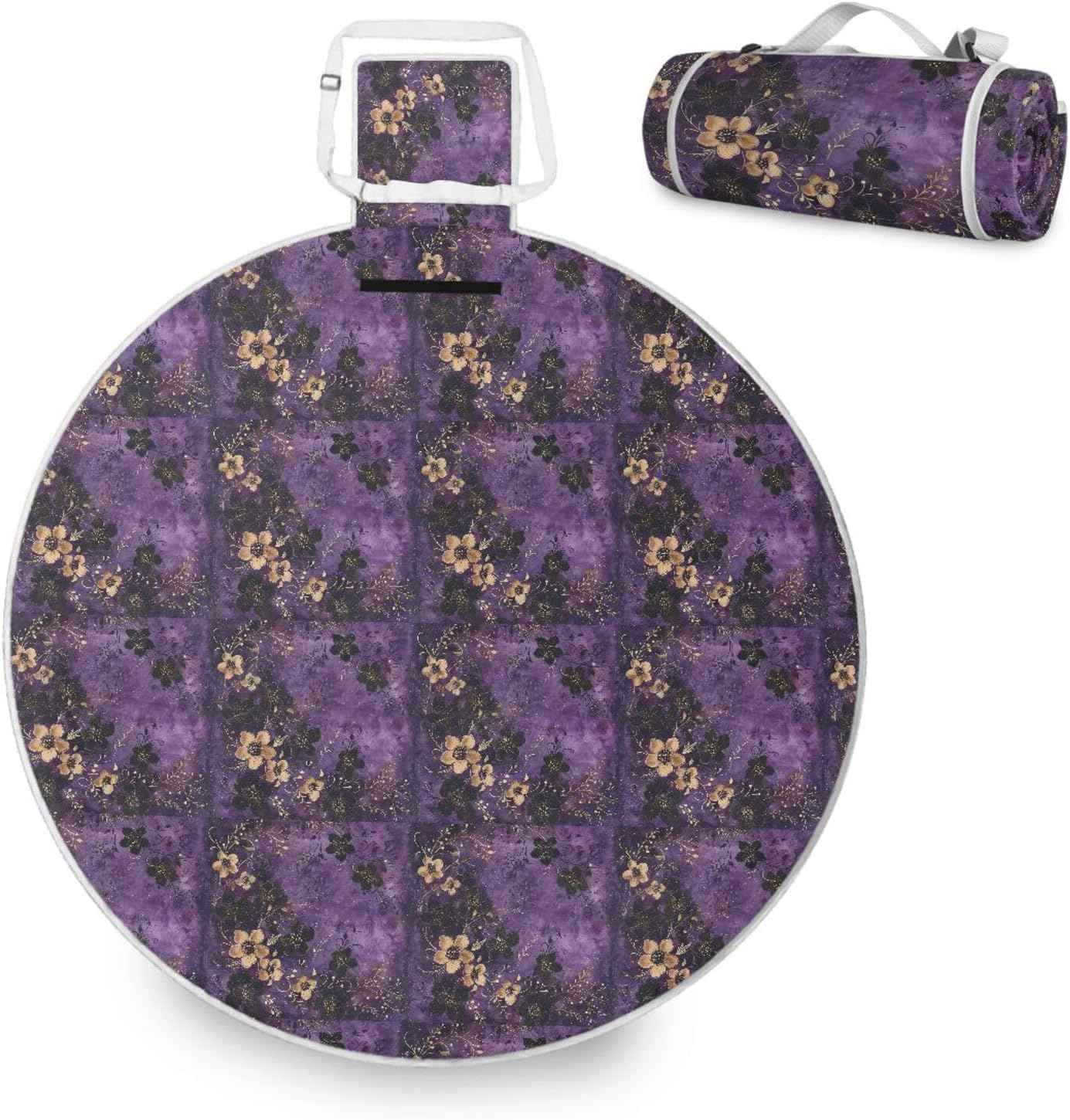 Round Outdoor Blankets - Fits 2 Adults, Summer Accessories Foldable Travel Picnic Blanket Dual Layer, Sand-Free, Soft Throw Rug 58 in (Purple Gold Flowers)
