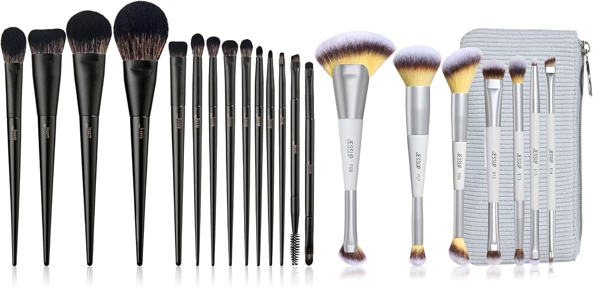 Makeup Brushes Set Jessup Make up Brushes 14Pcs Black T336 Bundled with Makeup Brushes Set 7pcs Dual Ended with Bag Quiet Gray T520