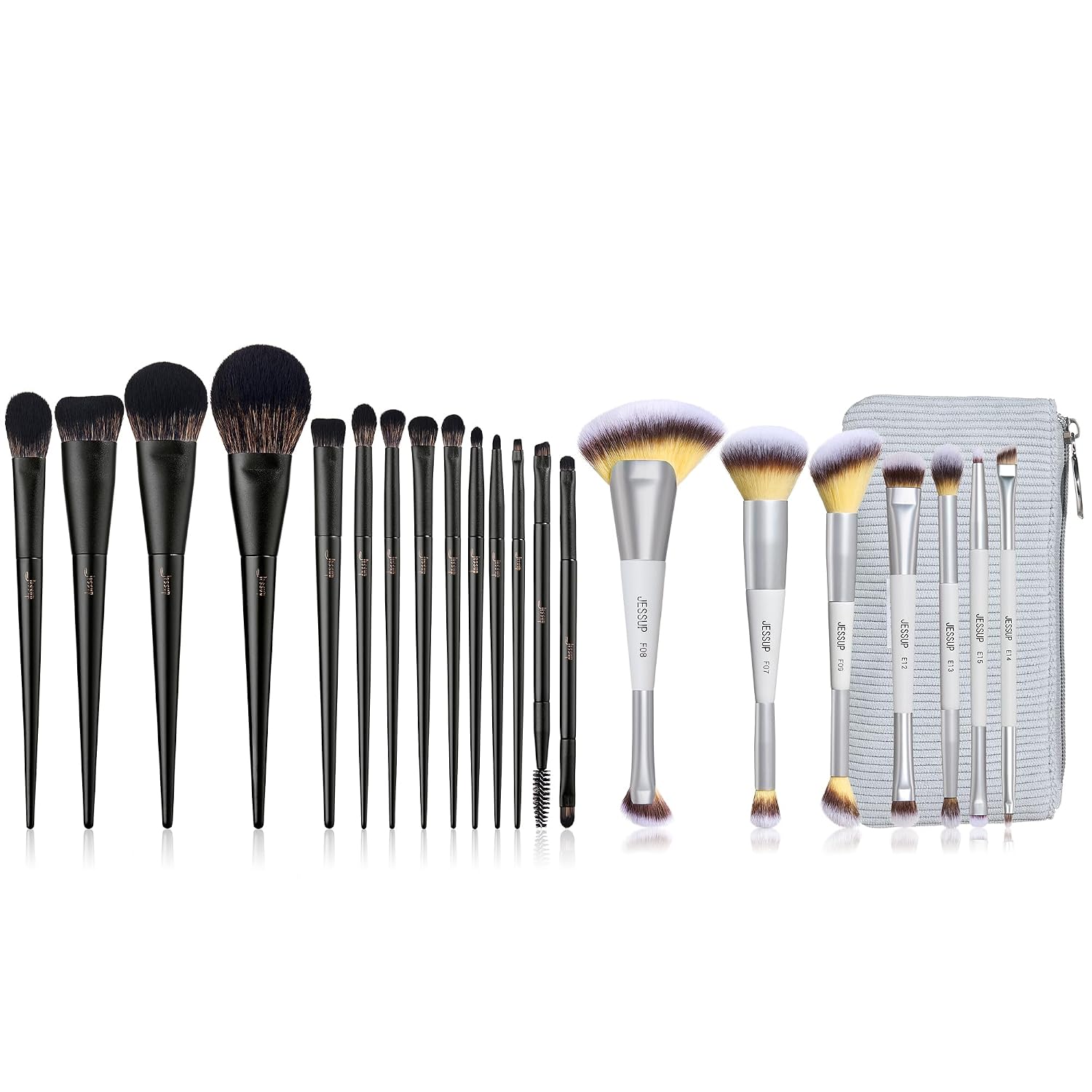 Makeup Brushes Set Jessup Make up Brushes 14Pcs Black T336 Bundled with Makeup Brushes Set 7pcs Dual Ended with Bag Quiet Gray T520