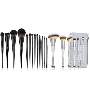 Makeup Brushes Set Jessup Make up Brushes 14Pcs Black T336 Bundled with Makeup Brushes Set 7pcs Dual Ended with Bag Quiet Gray T520