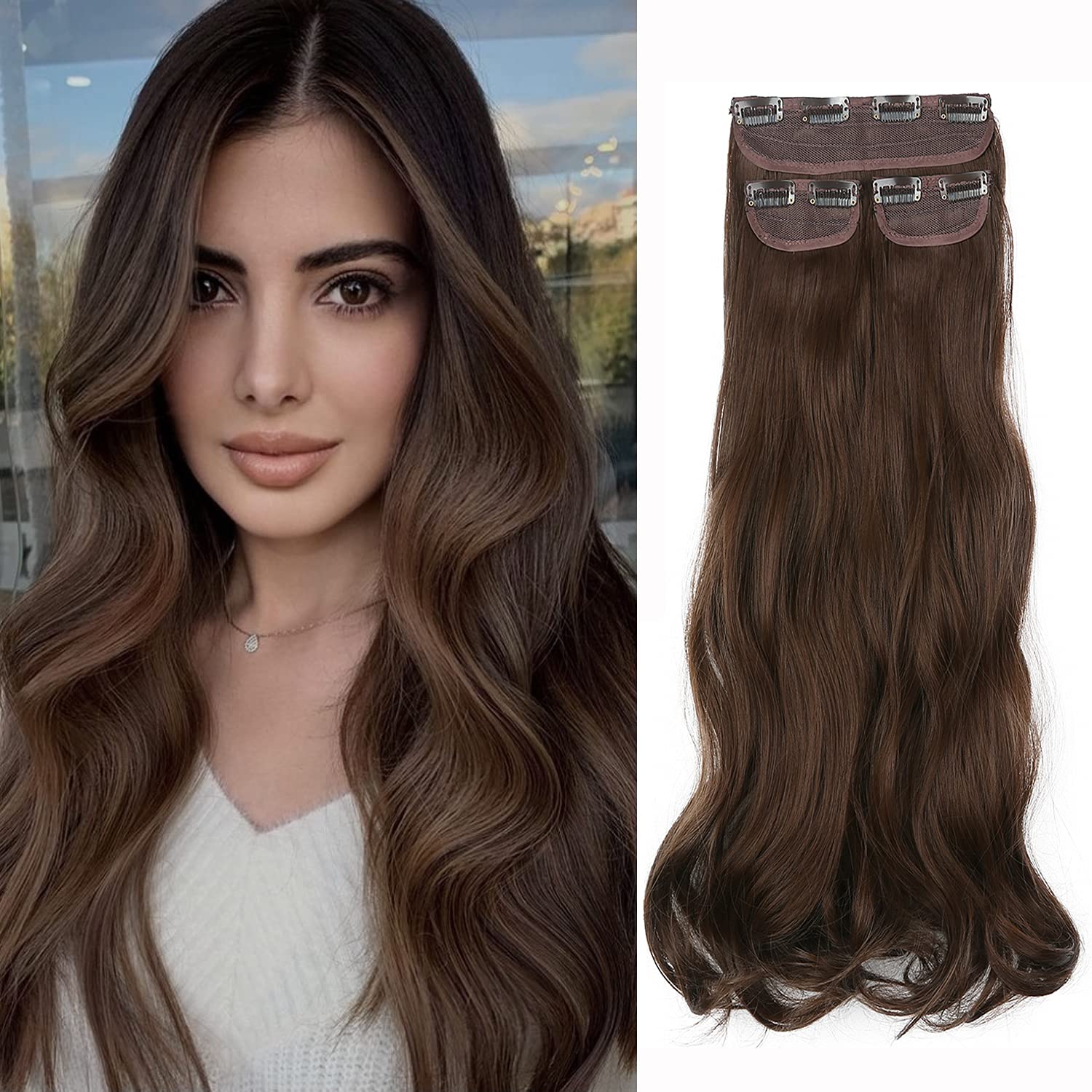 Clip in Hair Extensions Medium Brown Hair Extensions 20" 3PCS 180g Long Soft Glam Waves Thick Adjustable Full Head Invisible Crown Hair Clip