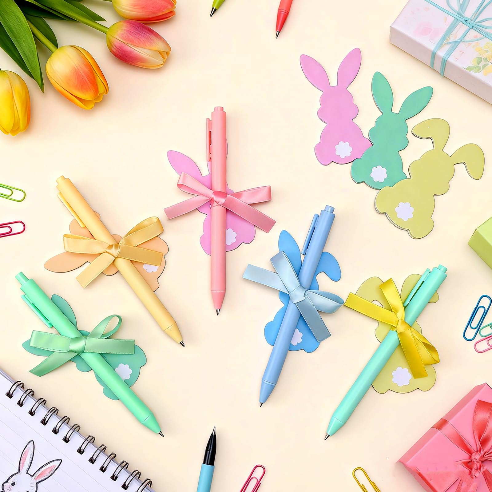 Tinlade 108 Pcs Easter Bunny Sticky Notes with Pens Ribbons Bulk Pastel Easter Gifts Rabbit Notepad Mini Memo Pads for Coworker Teacher Office Spring Party Favors Basket Stuffer Goodie Bags Fillers