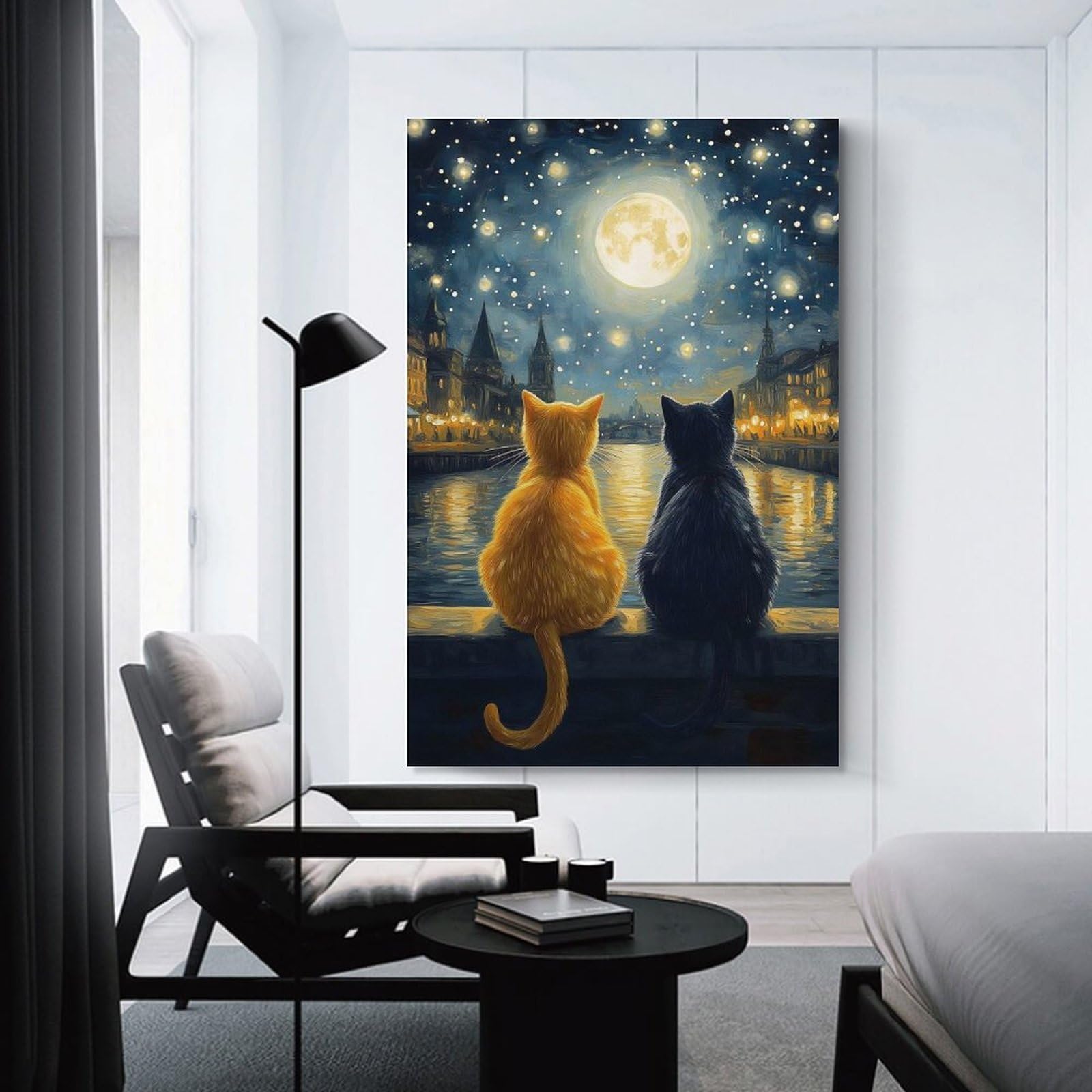 Junmoney Unframe-Style-8 Starry Night Cats Romance Canvas Wall Art 08X12inch(20X30cm), For Workspace Walls, Study Corners Or Bedrooms, Wall Art That Adds Style To Work Areas