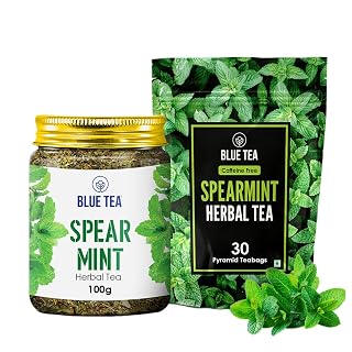 BLUE TEA - Combo Pack - Spearmint Herbal Tea - 100 gm & 30 Tea Bags - Plant Based | Pcos Relief | Balances Hormones | Reduces Facial Hair & Acne | Supports Digestion | Herbal Tea - Caffeine Free | Zipper & Pet Jar