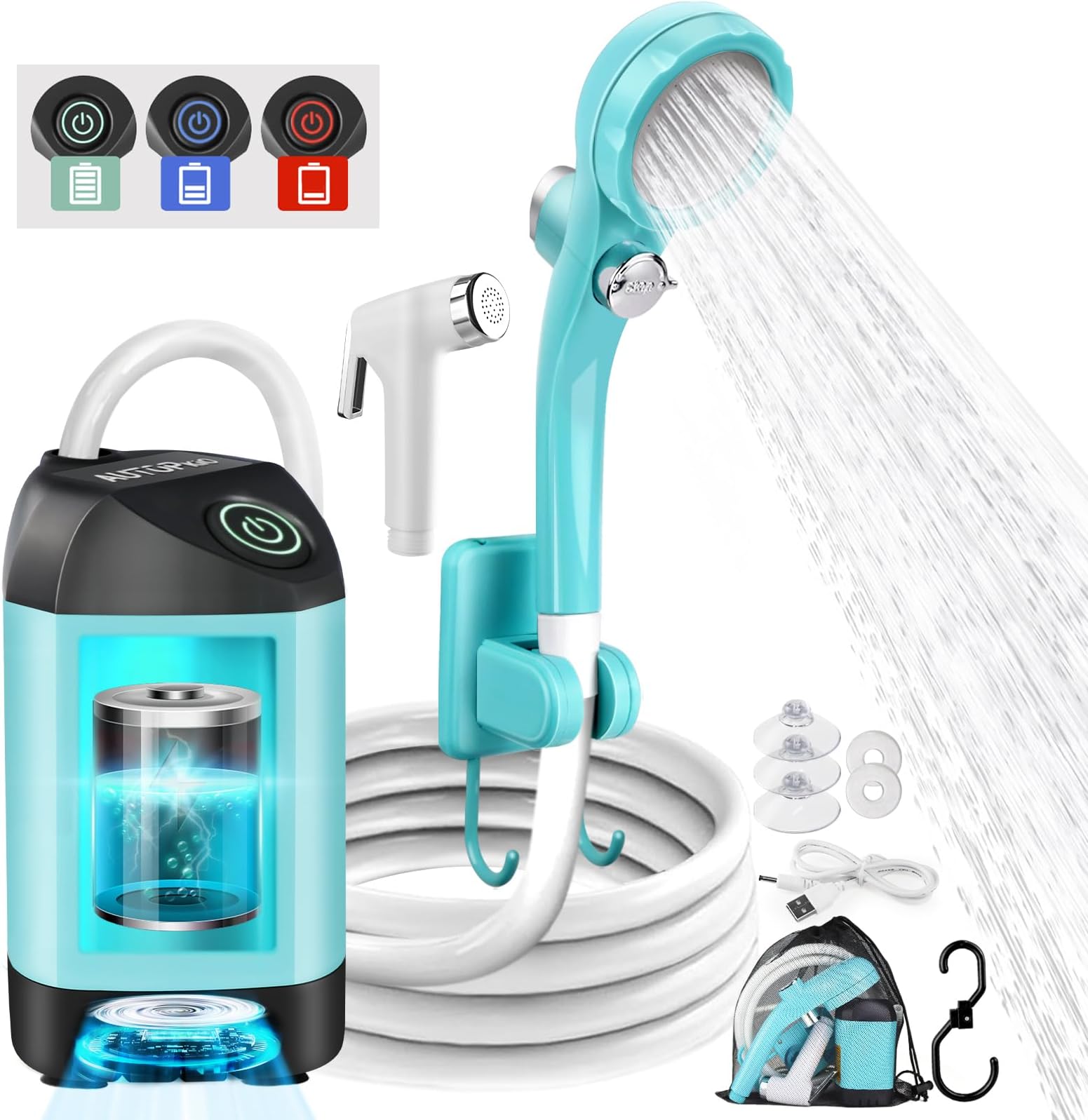 AUTOPkio Portable Camping Shower, Upgraded Outdoor Shower with 4500mAh Rechargeable Battery Pump IPX7 Waterproof for Camp, Hiking, Car Washing, Pet Bath