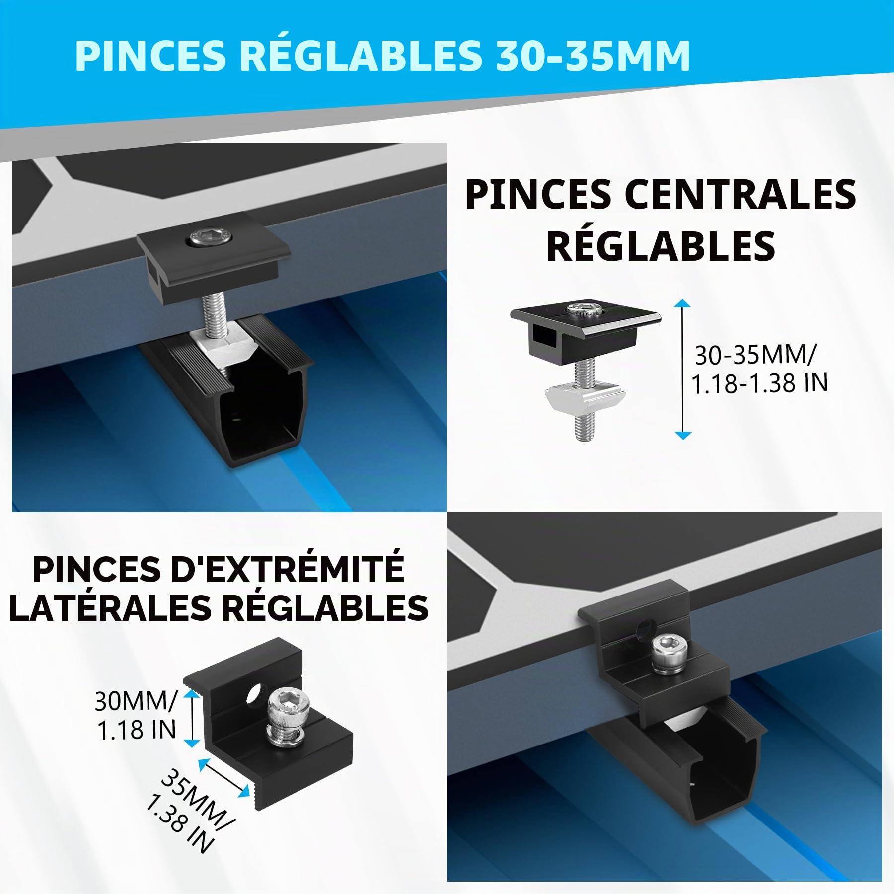 Kit de Montage PV pour 4 Module,Support de Panneau Solaire, Rail Noir de 12 CM,Clips de Drainage d'eau 30 MM, Pince Réglable pour Modules de 30 à 35 mm d'épaisseur- Pour toit plat,trapézoïdal