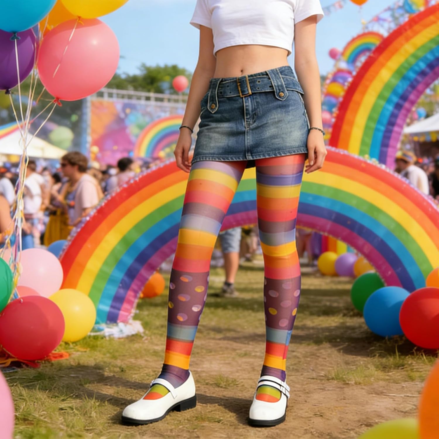 Women's Rainbow Striped Over Knee High Waist Pantyhose Colorful Rave Clown Tights for Gay Pride Day Halloween