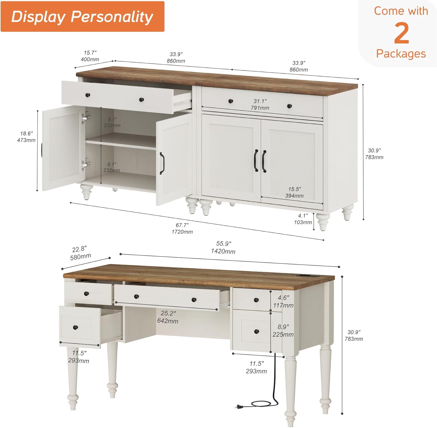 WAMPAT Home Office Furniture Set, 56" Executive Desk with Charging Station, 2-in-1 Cabinet with 4 Doors and 2 Drawers, Wood Computer Desk with File Cabinet Storage, Open Shelf, White
