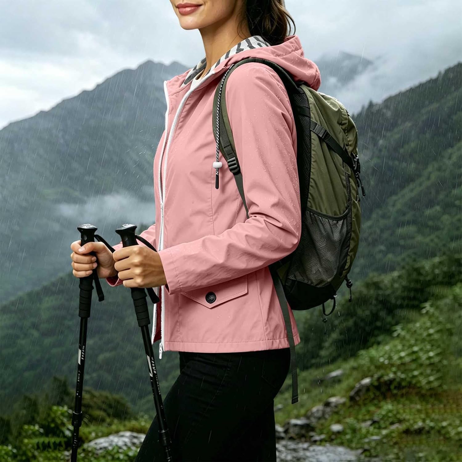 Women's Hooded Rain Jacket Striped Accent Outdoor Windbreaker Jacket Travel Lightweight Waterproof Coats with Pockets