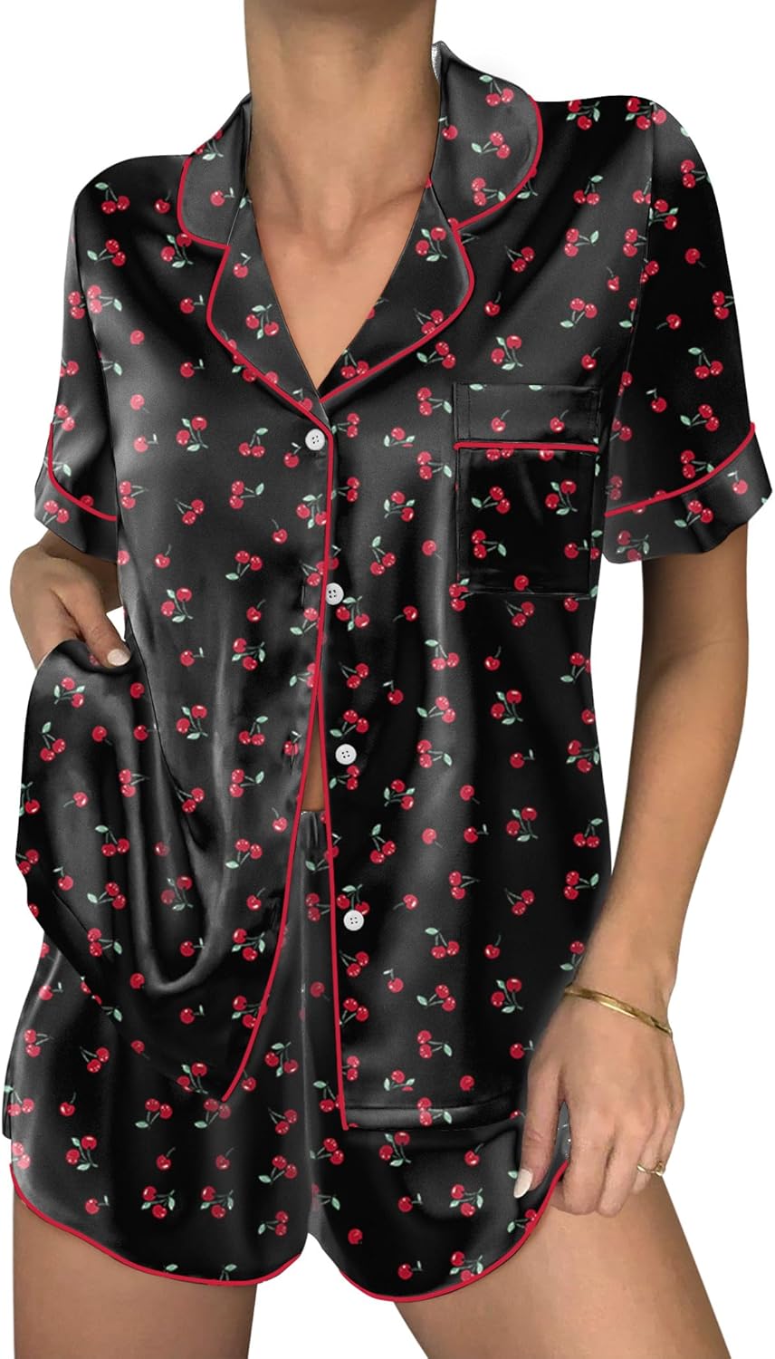 Ekouaer Womens Silk Satin Pajama Sets 2 Piece Button Down Silk Pjs Shorts Sets Cute Print Short Sleeve Sleepwear S-XXL