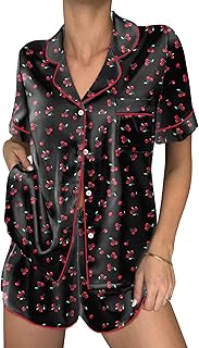 Womens Silk Satin Pajama Sets 2 Piece Button Down Silk Pjs Shorts Sets Short Sleeve Loungewear Soft Sleepwear S-XXL