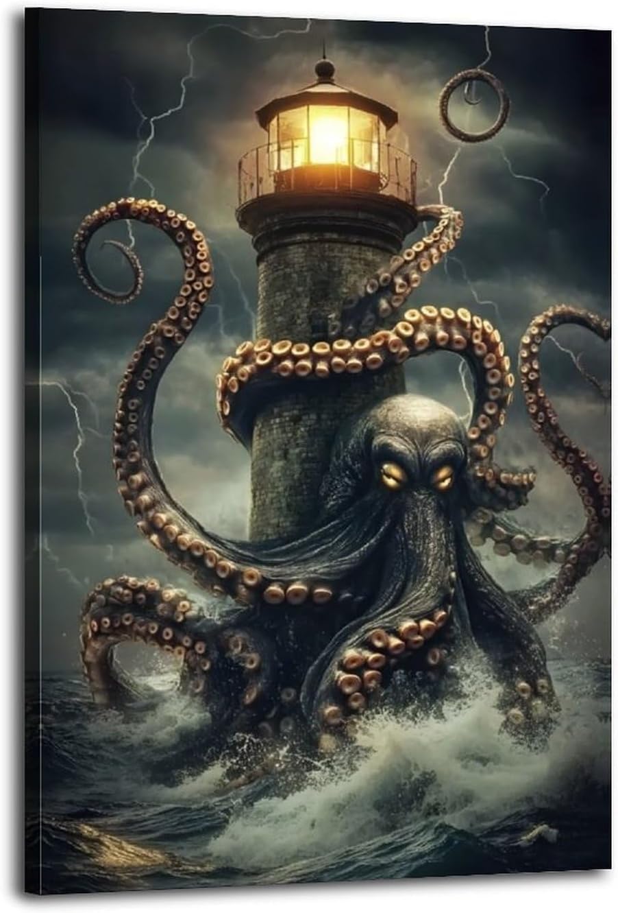 Giant Octopus Wrapped Around Lighthouse Under Lightning Wall Art Print Vintage Canvas Wall Art Wall Decor Aesthetic Modern Living Room Bathroom Decor Poster 16x24inch(40x60cm) Frame-style