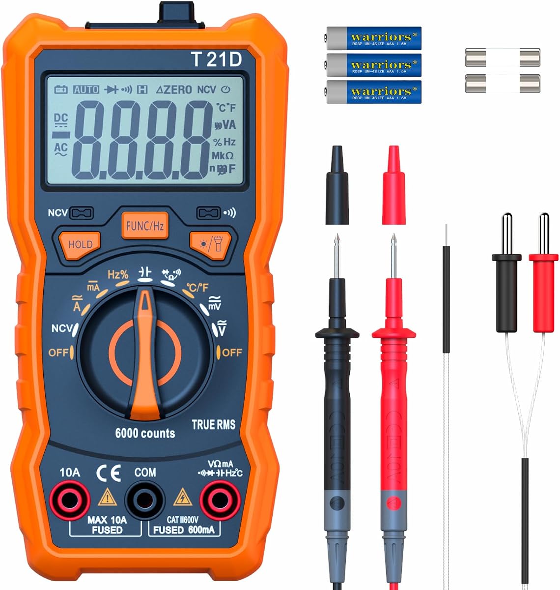 Multímetro digital de rango automático, TRMS 6000 cuentas AC DC Voltímetro Ohm Volt Amp Meter, Probador de multímetro eléctrico con NCV, Medida Capacitancia Corriente Resistencia Temp Continuidad Diodo Ciclo de trabajo