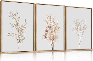 Ausril Wildflower Floral Framed Canvas Wall Art Set, Beige Botanical Wall Decor, Minimalist Nature Flower Wall Painting, Modern Boho Farmhouse Art Print for Living Room, Bedroom, Office- 16"x24&a...