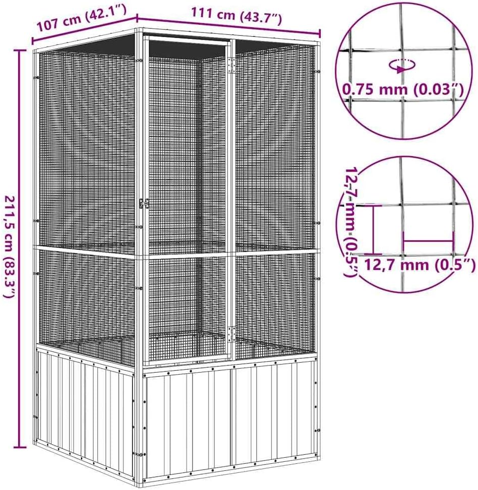 vidaXL Bird Cage, Outdoor Aviary Budgie Cage for Yard Backyard Farm, Large Parrot Habitat House, Anthracite Galvanized Steel, 43.7/'' x 42.1/'' x 83.3/''