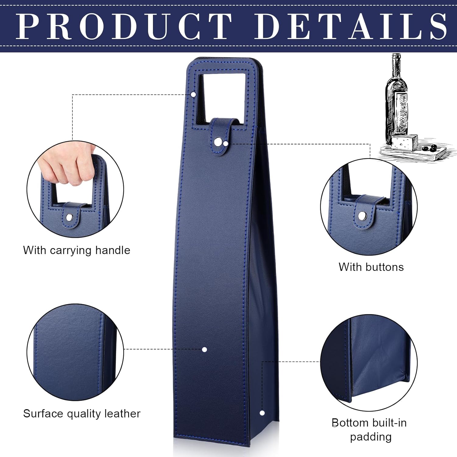 FillTouch 10 Pcs Leather Wine Gift Bags Reusable Leather Wine Tote Carrier Single Bottle Champagne Beer Protector Gift Bags for Parties Birthdays Wedding Christmas(Navy Blue,Classic Style)