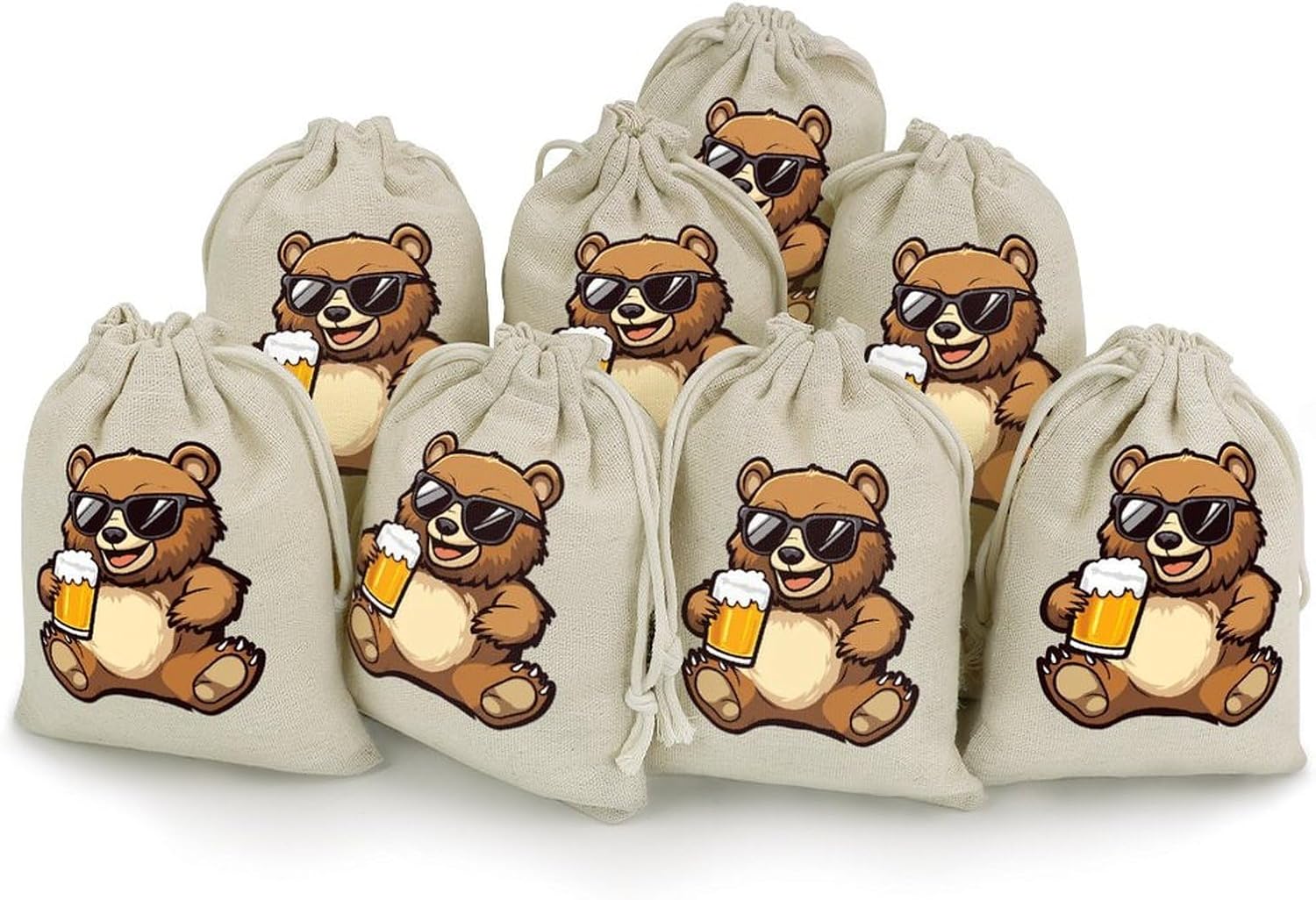 Cool Bear Drinking Beer Drawstring Bags Cotton Linen Pack of 8