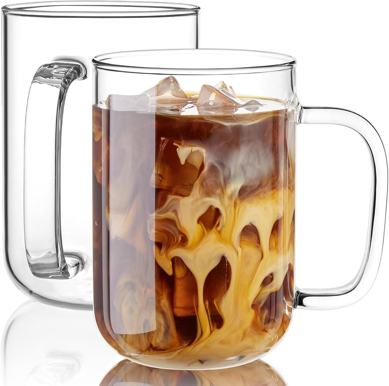 Glass Coffee Mugs, 27 oz Ice coffee cups, Large Clear Tea Cups Set of 2, Glass Mugs with Handles, Glass Cups for Latte, Cappuccino, and Tea