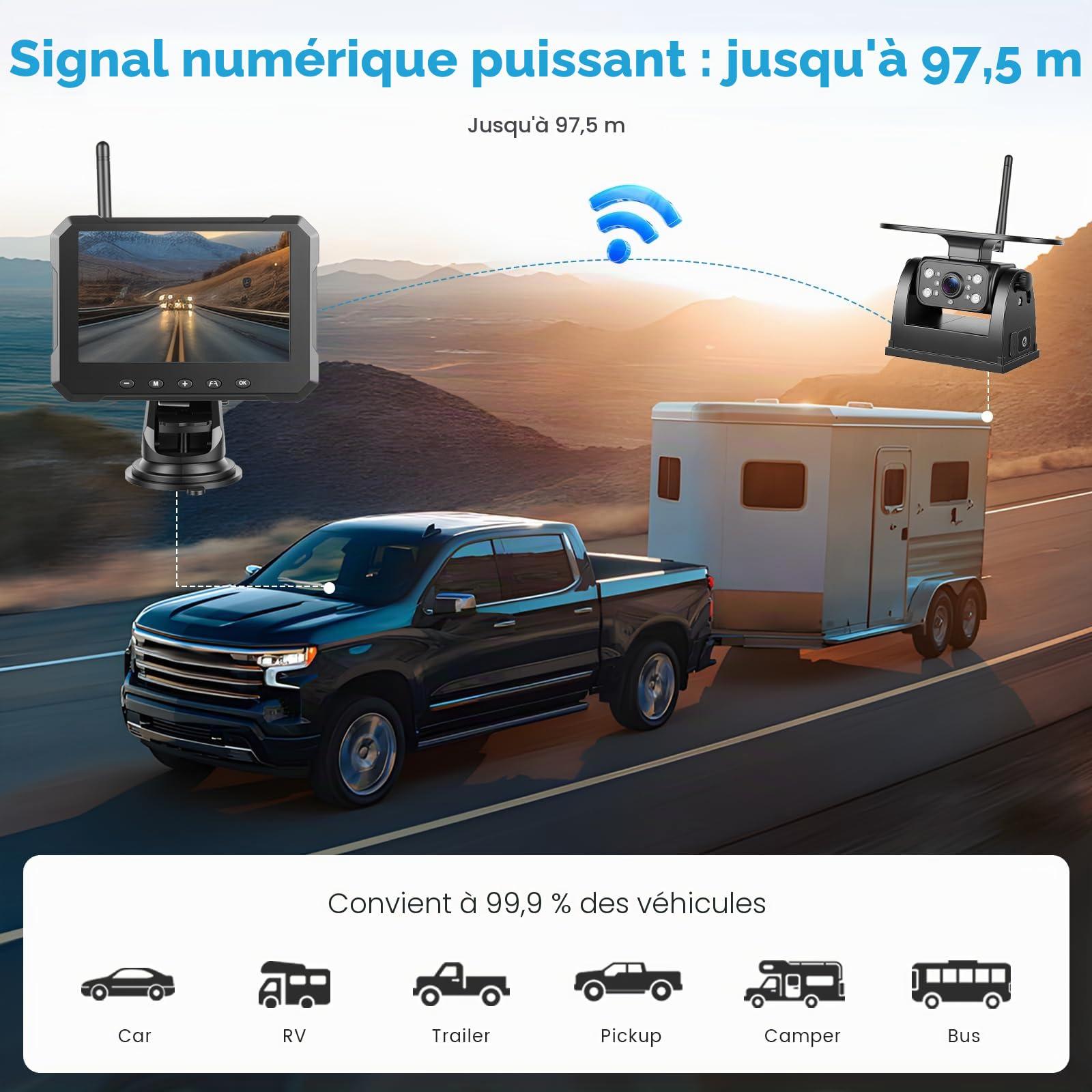 Hikity Écran IPS 7", Kit Caméra Recul Solaire sans Fil pour Véhicules, Caméra Magnétique IP69 Grand Angle Aide Stationnement