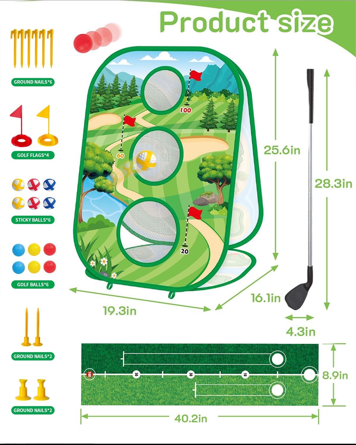 4-In-1 Kids Sticky Golf Games Set With Club, Golf Putting Practice Mat,3-Sided Golf Chipping Net, Multiple Game Modes, Golf Cornhole Board Set, Indoor & Outdoor Golf Practice For Kids & Adults