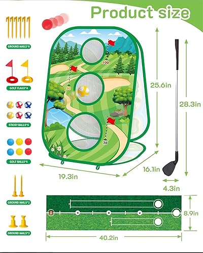 Miniatura 4 de Juego de golf adhesivo para niños de 4 en 1 con palo, tapete de práctica de golf, red de astillado de golf de 3 lados, múltiples modos de juego,