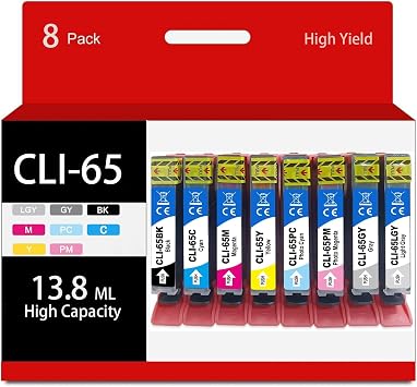 CLI-65 Compatible for Canon CLI-65 CLI65 65 Ink Cartridges 8 Pack for Canon PIXMA PRO-200 Printer