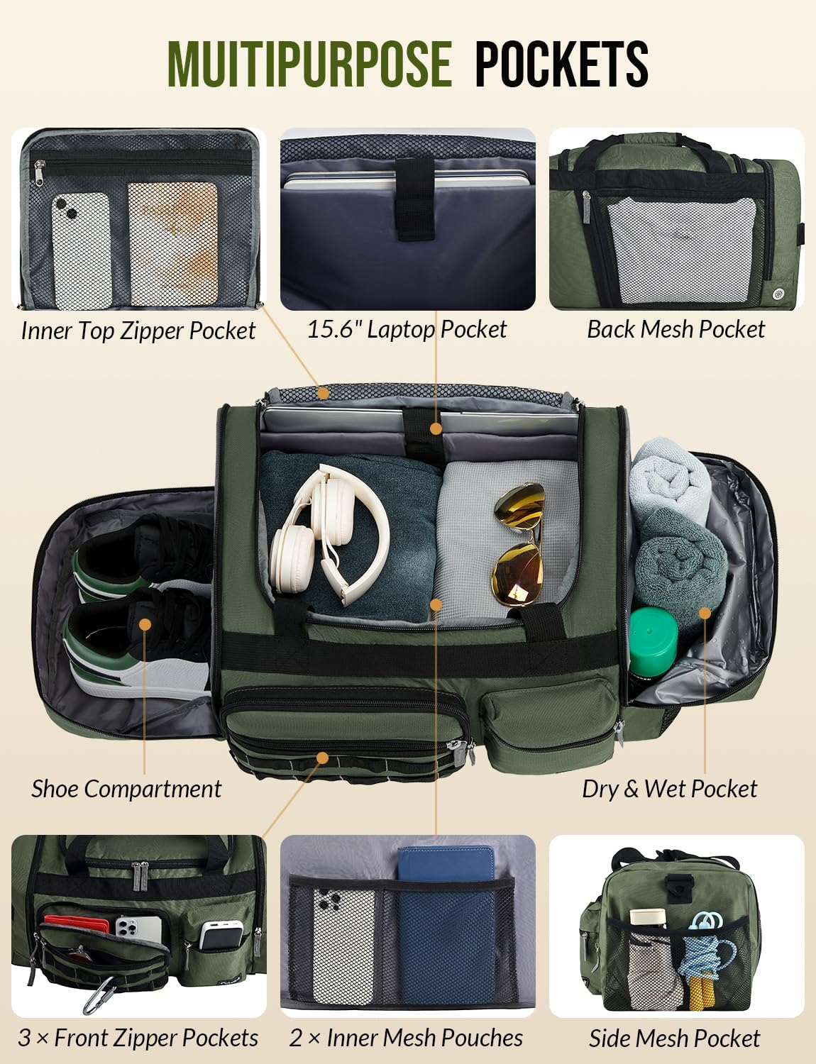 Gym Bag for Men Women with Shoes Compartment 3-in-1 Sports Travel Duffel Bag Multipurpose Weekender Overnight Backpack with Wet Pocket - Green - Image 3