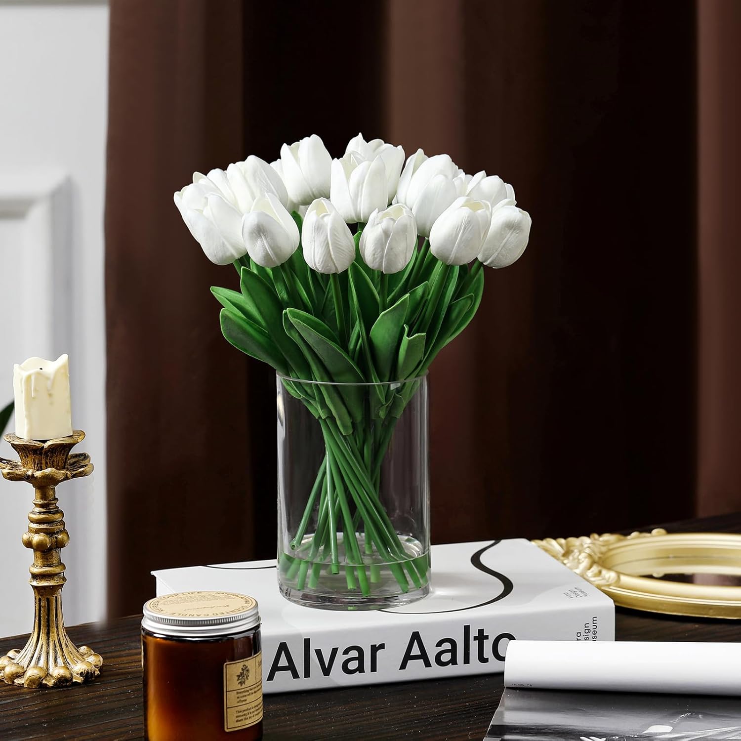 20 PCS Real Touch Tulips Artificial Flowers in Vase, Tulips Fake Flowers with Vase and Fake Water for Home Decor, Dining Table (White) - Image 5