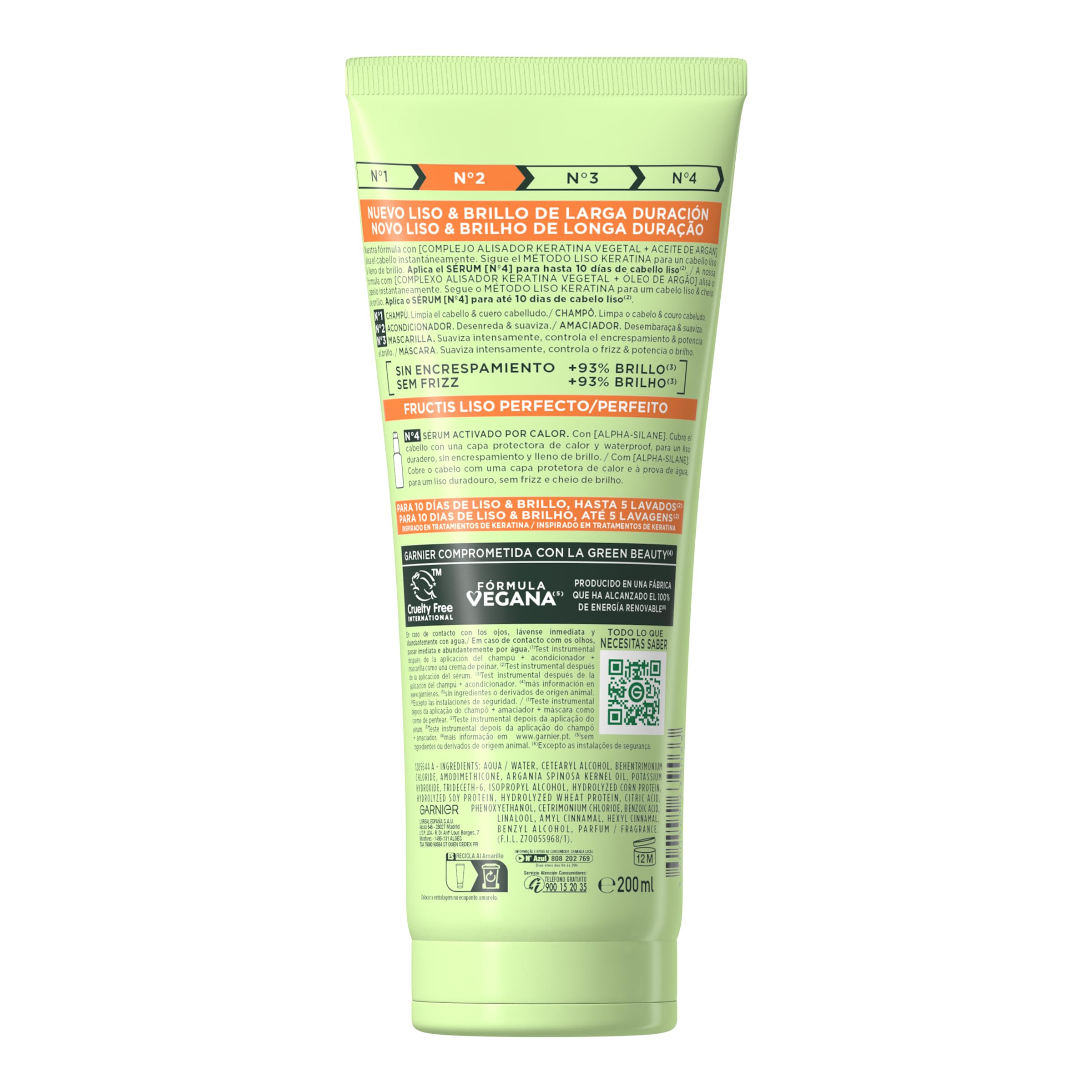 Garnier Fructis Rutina Liso Keratina para cabello encrespado: Champú + Acondicionador + Mascarilla + Sérum activado por calor Liso & Listo