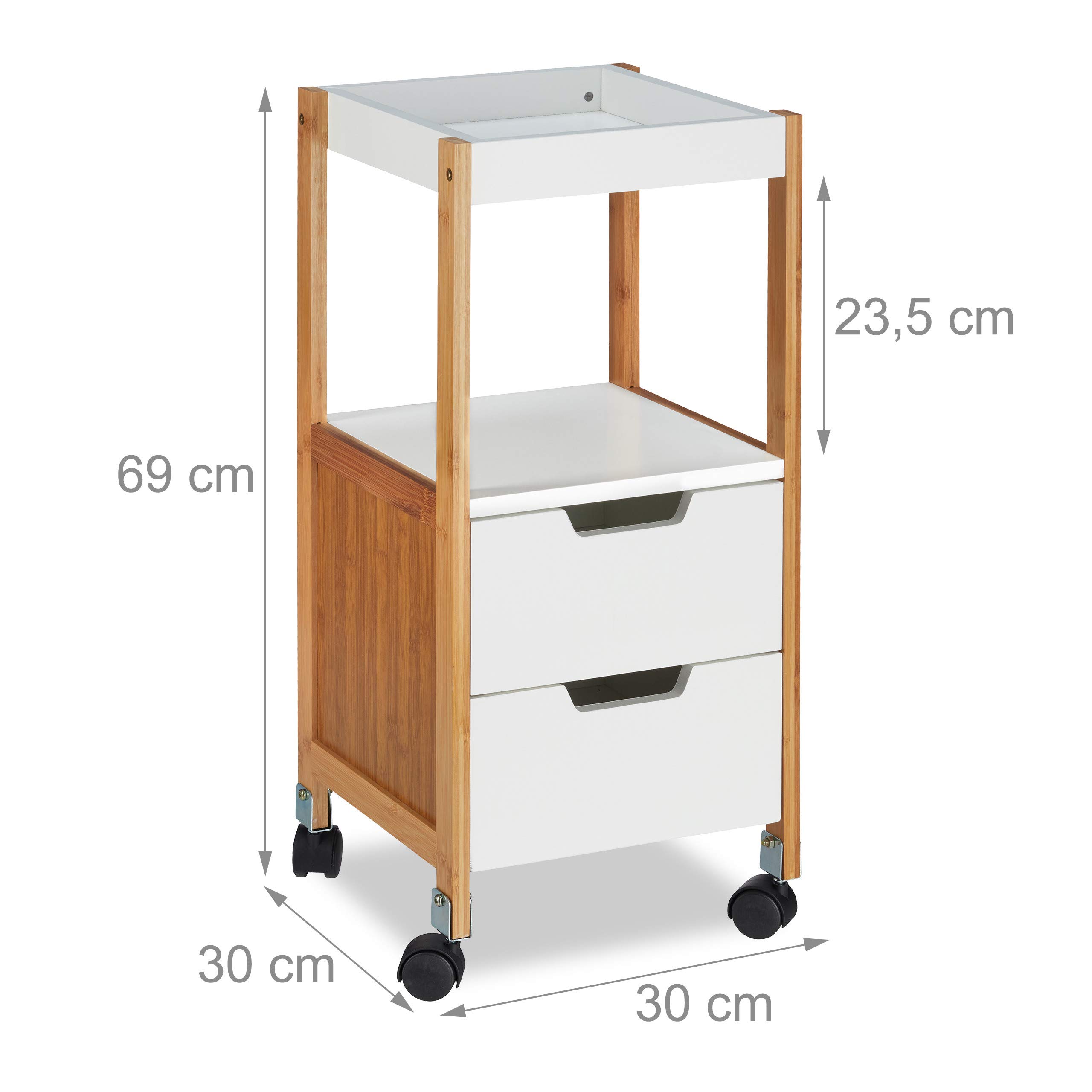 Relaxdays Carrellino con Cassetti, Carrello da Bar, Tavolino Mobile, Legno MDF, Bambù, HLP: 69x30x30 cm, Bianco