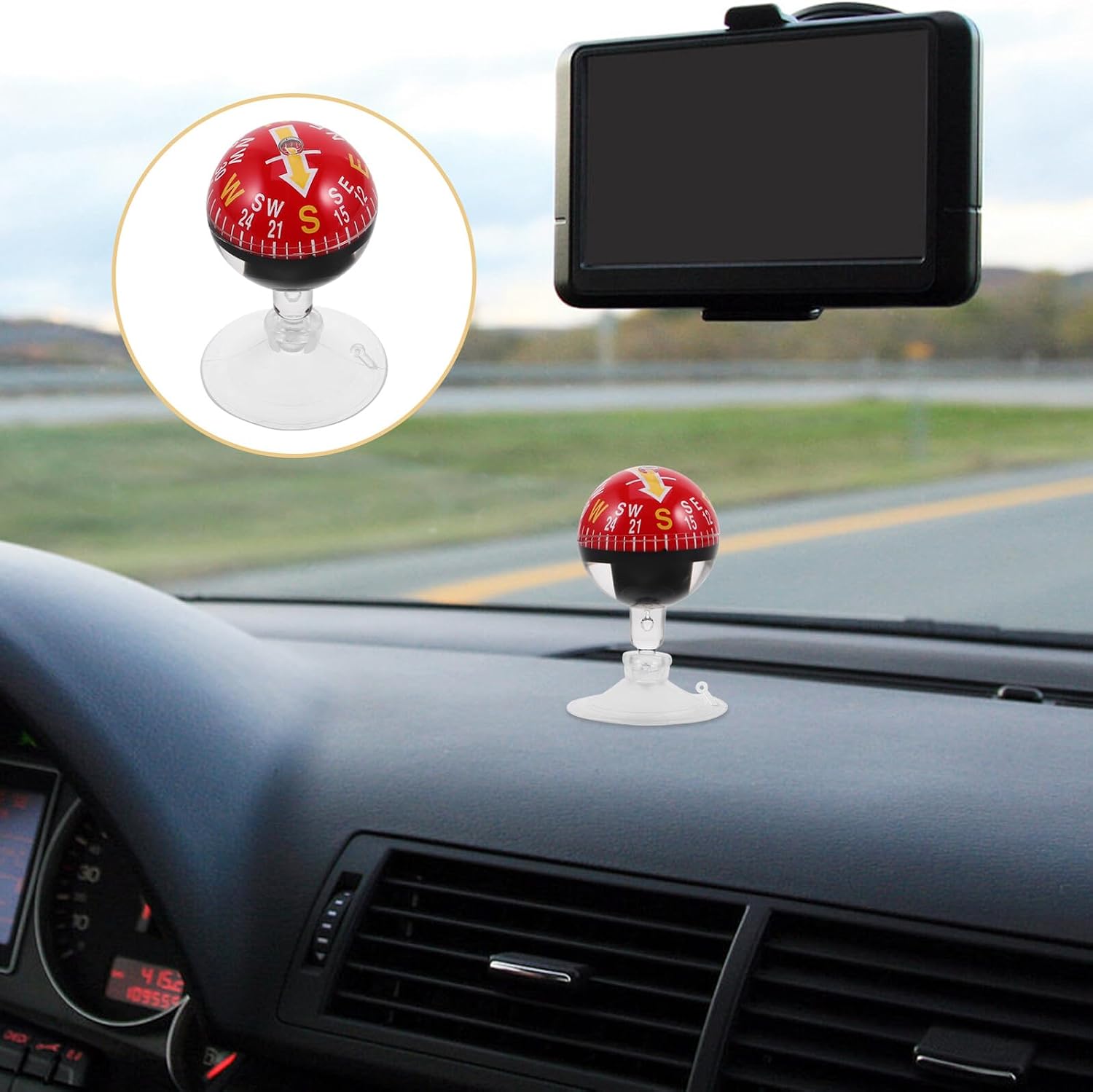 Alipis Car Dashboard Compass Ball 38mm with Suction Cup, Plastic Portable Automotive Compass for Outdoor, Marine, Hiking Navigation and Vehicle Mount