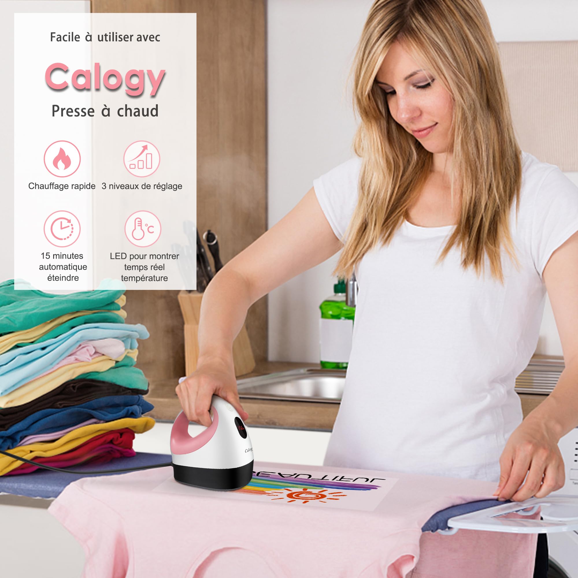 Calogy Mini Presse à Chaud, Machine Impression Textile Petit, Portable Mini Fer avec Affichage LED, 3 Niveaux Contrôle de la Température, Base Sécurité Isolée pour Tee Shirt, Casquett（Blanc Rose)