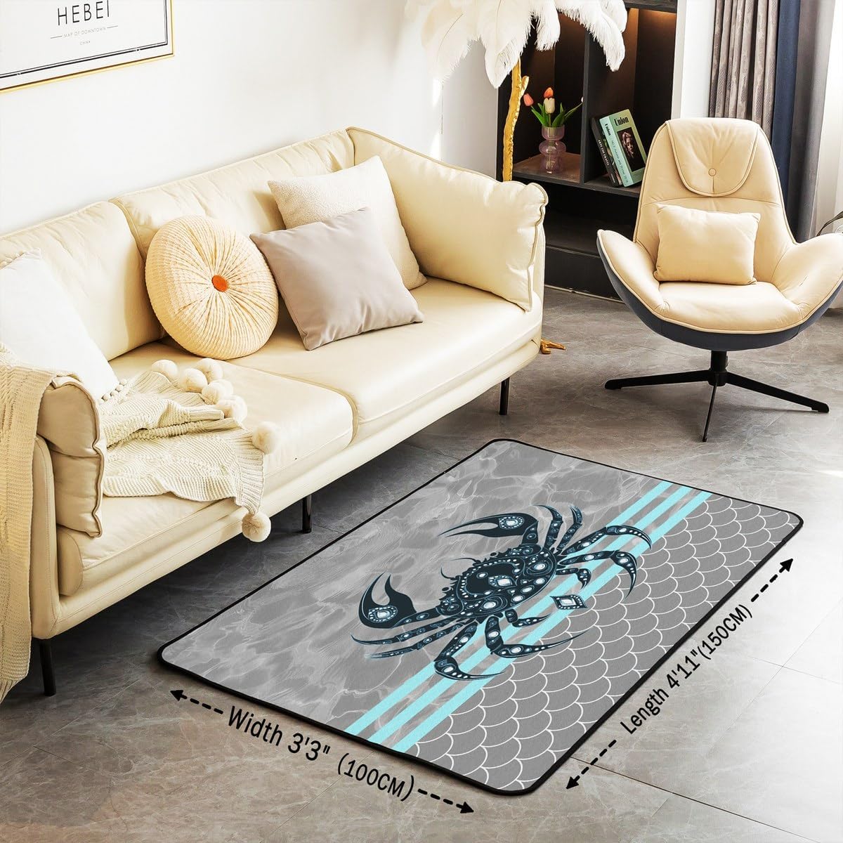 jejeloiu Crab Area Rug 3x5 Fish Scales Print Living Room Rugs Kids Boys Girls Summer Ocean Sea Marine Creature Sealife Animal Decorative Rug Geometric Stripes Indoor Floor Mat