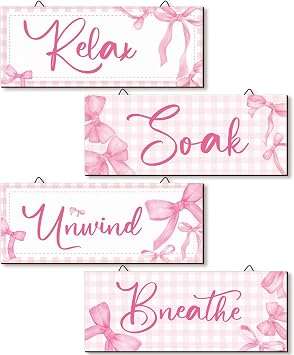 Yousoontic 4Pcs Coquette Pink Bow Wall Decor Aesthetic Pink Bow Bathroom Bedroom Wall Art Relax Soak Unwind Breathe Party Wood Hanging Sign Set for Home Laundry Spa Room