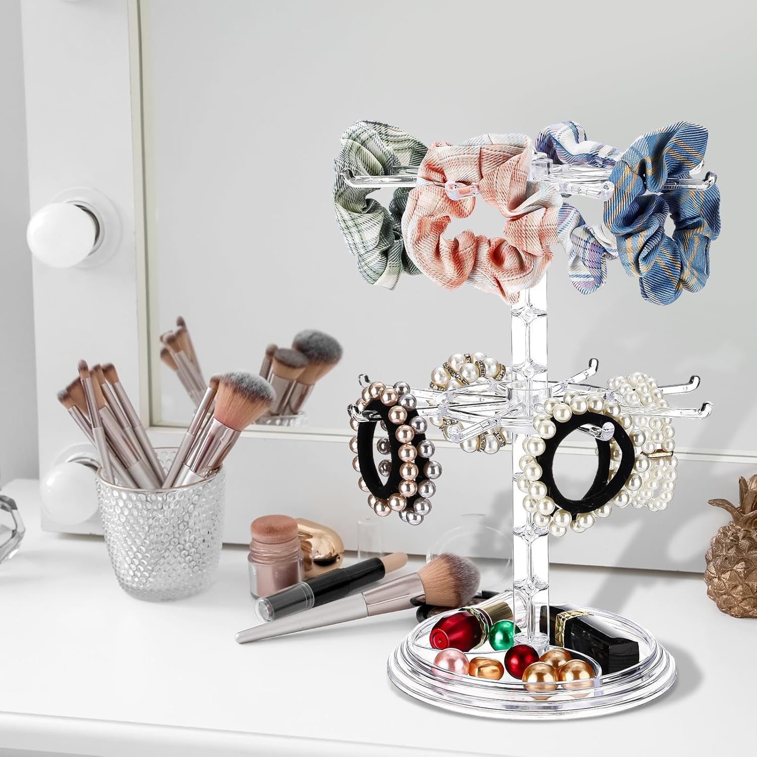 Rotating Jewelry Stand, 2 Tier Necklace Holder Bracelet Hanging Organizer Keychain Jewelry Display Stand Plastic Jewelry Rack for Malls Counter Dressing Table (Clear)