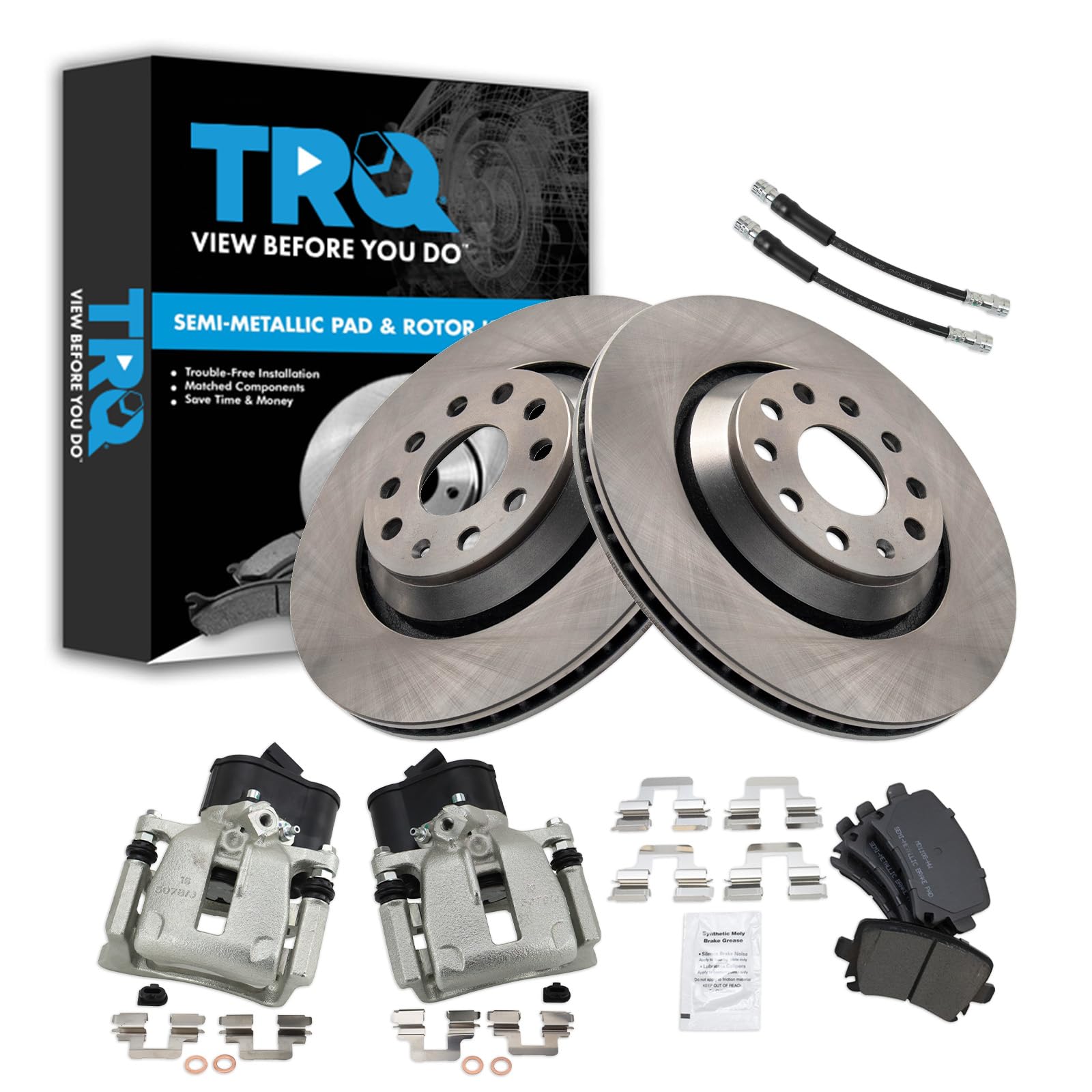 TRQ Rear Brake Pad and Rotor Set Semi Metallic Vented Rotors Calipers Compatible with 2010-2016 Volkswagen CC 2010 Passat
