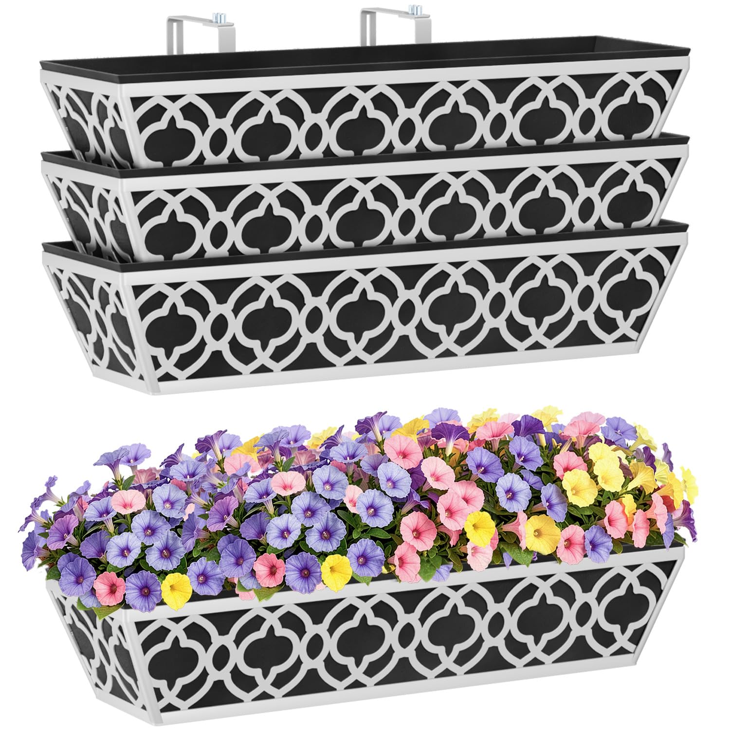 Hfhome Flower-24In 4P-Gray 4Pcs 60.9Cm/24In Metal Window Box, Outdoor Hanging Flower Boxes With Non-Woven Fabric Liner & Adjustable Brackets, Wall Trough Planter For Balcony Terrace Fence Garden