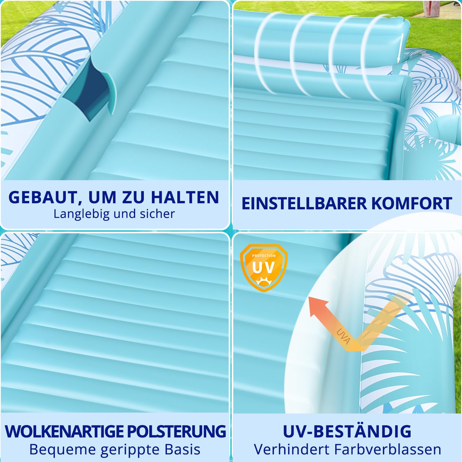 BuzzoXerex Aufblasbares Sonnenpool, Doppelte Deluxe Tanning Pool Groß Wasserhängematte Erwachsene Aufblasbarer Luftmatratze Pool mit Kopfstütze & Getränkehalter für Sommerpool Strand