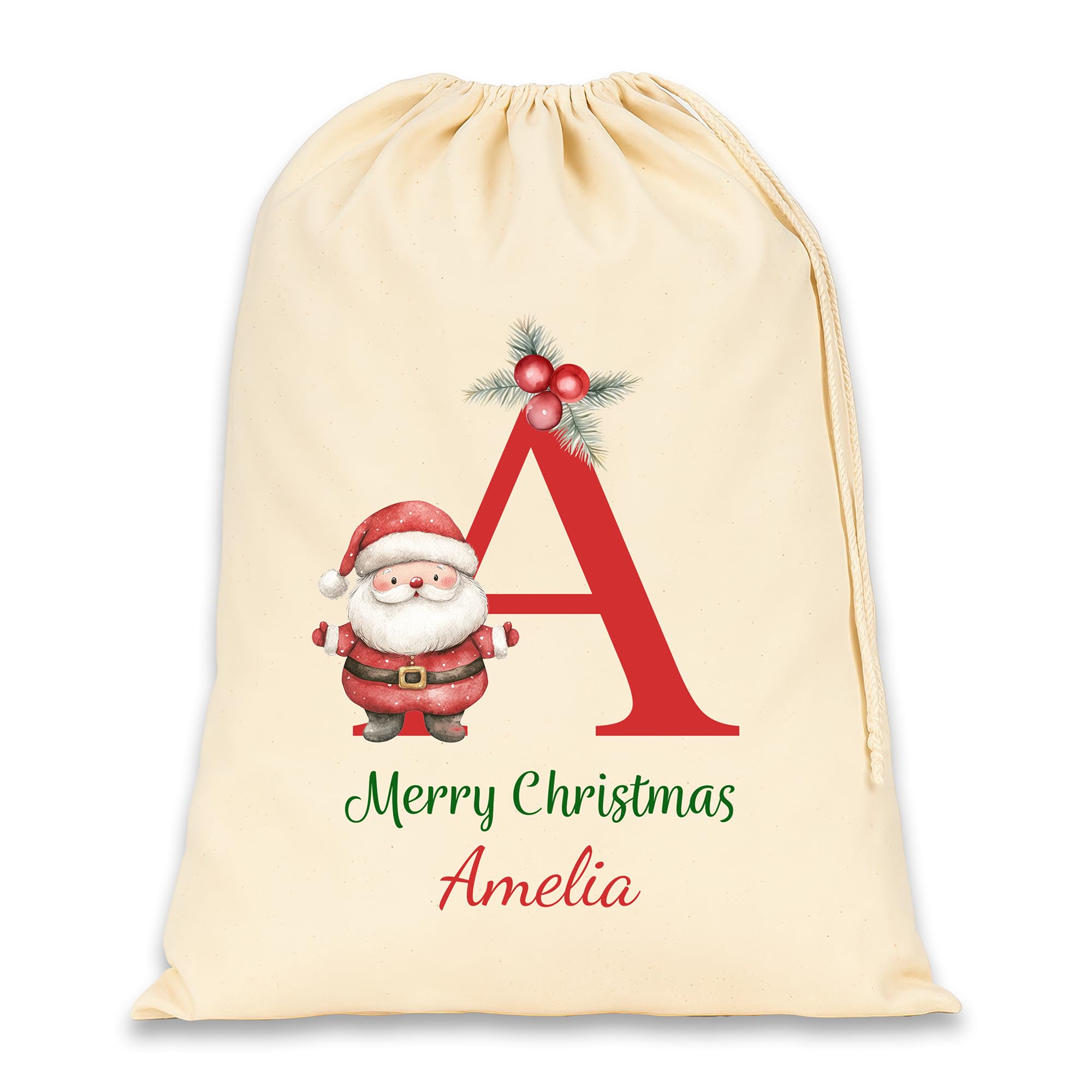 Personalised Santa Sack with Custom Name - Large Christmas Sack for Gifts - Xmas Gift Bag for Under Tree - Christmas Eve Bag - Christmas Stocking Alternative - Red Initial Santa (Cotton)